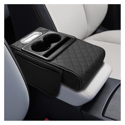 Leather Car Center Console Cover, Universal Automotive Armrest Booster Cushion, Vehicle Middle Console Organizer with 2 Cup Holders, Side Storage Bag, Tissue Box & Phone Slot(Black) - color: Black