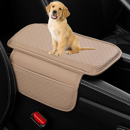 Cxtiy Upgraded Car Center Console Cover,Microfiber Leather Car Armrest Cover Cushion with 2 Storage Bags,Universal Car Armrest Storage Box Car Interior Accessories for Most Vehicles (Beige)