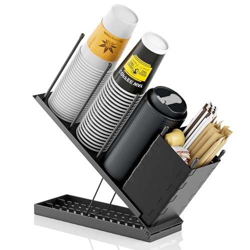 Dunatou Adjustable Cup and Lid Holder with Straw Holder & Storage Box – 4-Compartment Coffee Cup Organizer Dispenser for Countertop, Office Coffee Bar Station, Ninja Slushi Machine, Dirty Soda Bar