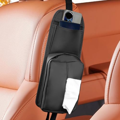 Car Seat Side Organizer, Waterproof Leather Car Tissue Holder, 2 in 1 Multifunctional Mesh Net Pocket for Phone Wallet, Universal Vehicle Hanging Storage Box for Cars, SUVs, Trucks (Black)
