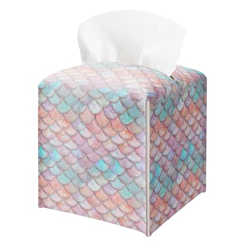 Pink Mermaid Scales Square Leather Tissue Box Cover – Magical Mermaid Themed Facial Paper Organizer, Perfect Kids Birthday Party Decor & Gift for Girls - color: Colorful02