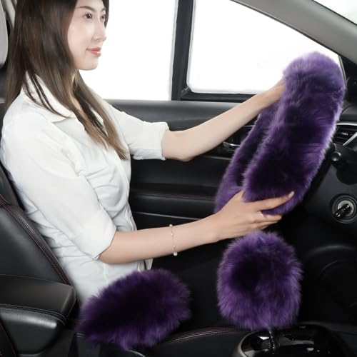 Fuzzy Genuine Sheepskin Steering Wheel Cover Set for Women Parents-Fluffy Soft Australian Merino Wool Wrap with Gear Shift and Hand Brake Covers, Cozy Stylish Luxury Car Accessories (Dark Purple) - color: Dark Purple