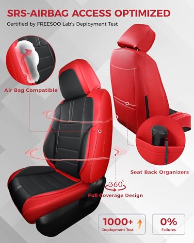FREESOO Universal Full Seat Covers, Waterproof Faux Leather Automotive Seat Covers with Carbon Fiber Texture Seat Belt Pads, Anti-Slip Airbag Compatible Car Seat Covers for Cars SUVs Trucks - color: Red Black, size: Full Set - 5 Seats