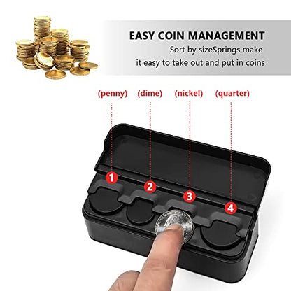 Compact Coin Holder for Car - 4 Compartment&Automatically Holds Coins Coin Organizer(1 Dollar,Quarter,Dimes) - Universal Center Console Coin Case for Car Taxi SUV Truck