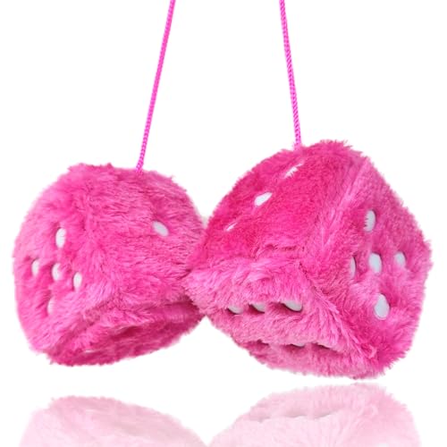Fuzzy Plush Dice for Car Mirror, Pair of Retro 3” Pink Dice with White Dots for Car Interior Hanging Ornament Decoration - color: Pink