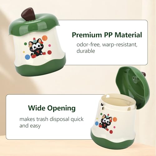Cute Mini Desktop Trash Can - Small Desk Garbage Bin with One-Touch Press Lid - 6.3 Inch Plastic Waste Basket for Home Office, Bedroom, Vanity, Car - Cat Design (Green)