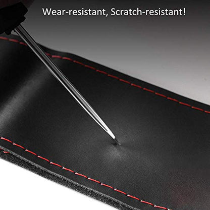 Steering Wheel Cover with Top Layer Genuine Leather and Anti-Slip Design, Soft Padding, Breathable, Universal 15 Inch Stitch on Wrap - color: red and black