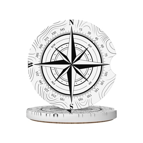 Compass Adventure Topographic Map Car Cup Holder Coasters 2 Pack Universal 2.63 Inch Anti Slip Ceramic Absorbent Coaster with Cork Base and Finger Notch Cute Car Accessories Interior for Women - color: White