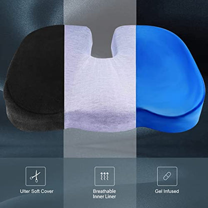 CYLEN Home Office Seat Cushion - Comfort Memory Foam Chair Cushion with Cooling Gel Infused for Tailbone, Coccyx, Back & Sciatica Pain Relief (Black-Blue) - color: Black-blue