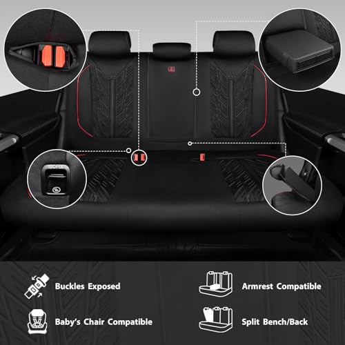 CAR PASS Waterproof Split Bench Seat Covers,Neoprene Rear Seat Covers,All-Weather Non-Slip Durable, Universal Fit for SUVs Sedans Trucks Vans Automotive,Black - color: rear-black and red