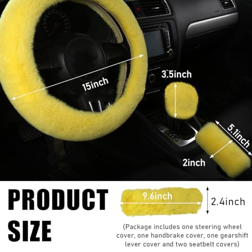 5 PCS Fluffy Steering Wheel Covers Set, Faux Wool Steering Wheel Cover & Handbrake Cover & Gear Shift Cover & 2 Seat Belt Shoulder Pads, Universal Car Accessories (Yellow) - color: Yellow