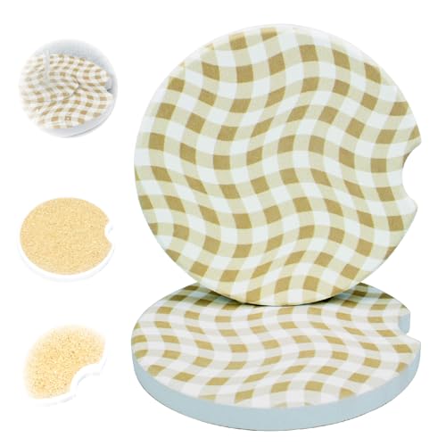 Ceramic Car Coasters, 2 Pack, 2.64" Absorbent Car Cup Holder Coasters, Cute Ceramic Car Coasters for Women, Brown Checkered Pattern - color: Brown2 Checkered
