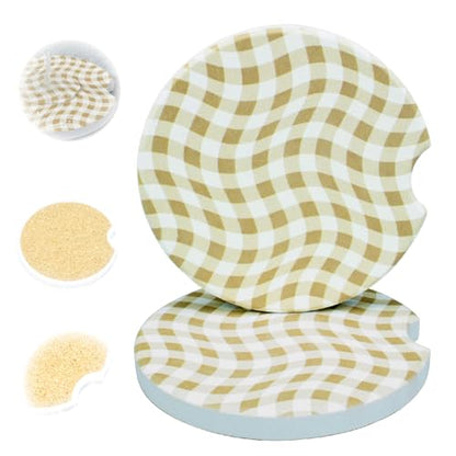 Ceramic Car Coasters, 2 Pack, 2.64" Absorbent Car Cup Holder Coasters, Cute Ceramic Car Coasters for Women, Brown Checkered Pattern - color: Brown2 Checkered