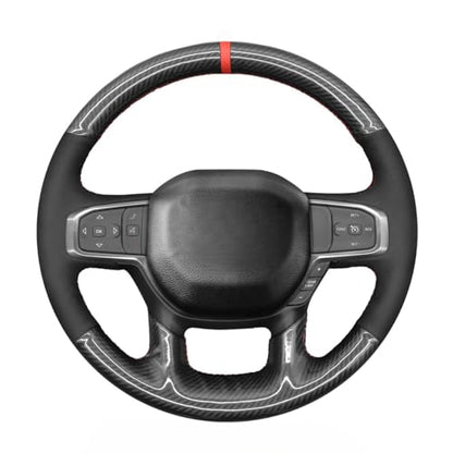 MEWANT Hand Stitch Black Suede Shiny PU Carbon Fiber Steering Wheel Cover for Dodge Ram 1500 Laramie Big Horn 2019-2021 - color: Black Suede&Shiny PU Carbon Fiber