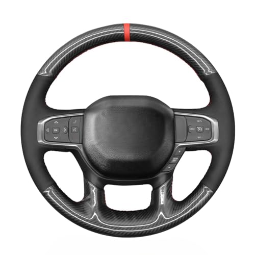 MEWANT Hand Stitch Black Suede Shiny PU Carbon Fiber Steering Wheel Cover for Dodge Ram 1500 Laramie Big Horn 2019-2021 - color: Black Suede&Shiny PU Carbon Fiber