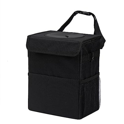 AOKJOY Car Garbage can with lid Leak Proof Vehicle Trash Can 3 Storage Pockets Hanging Waterproof car Trash Bag for SUV Black - color: black
