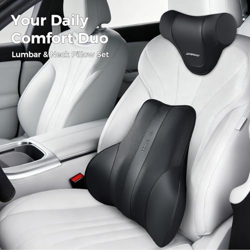 Coverado Lumbar Support Pillow for Car, Ergonomic Memory Foam Back Pillow for Office Chair, New Back Cushion for Pain Relief, PU Leather Car Lumbar Support for Driving Seat - BK