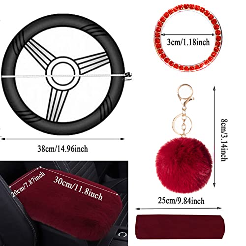 Cute Fluffy Steering Wheel Cover Set, Warm Soft Fur Fuzzy Steering Wheel Covers for Women/Girls,Universal 15 Inch 1 Set 8 Pcs Car Accessories (Wine Red) - color: Wine Red