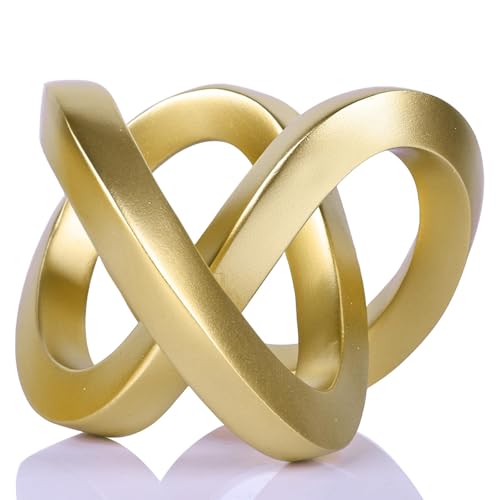 Gold Geometric Knot Sculpture - Small Resin Infinity Loop Statue, Modern Tabletop Art Object for Coffee Table, Bookshelf, Desk Decor & Home Accents