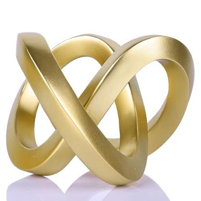Gold Geometric Knot Sculpture - Small Resin Infinity Loop Statue, Modern Tabletop Art Object for Coffee Table, Bookshelf, Desk Decor & Home Accents