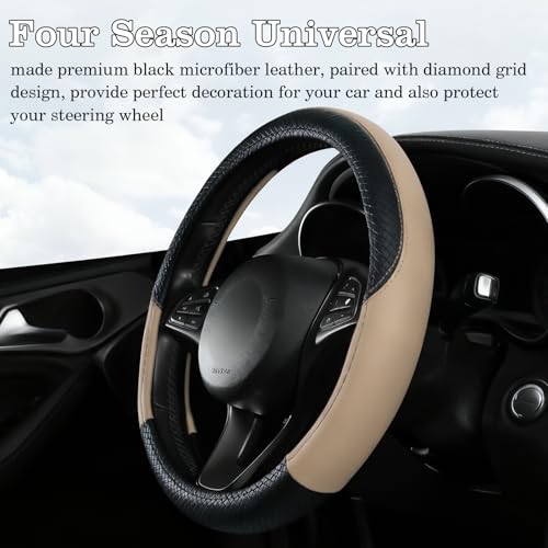 Black & Beige Car Steering Wheel Cover, Microfiber, Leather Patchwork, Universal 14.5-15 Inch Leather Anti-Slip Breathable Auto Steering Wheel Covers for Men Women - color: Black & Beige