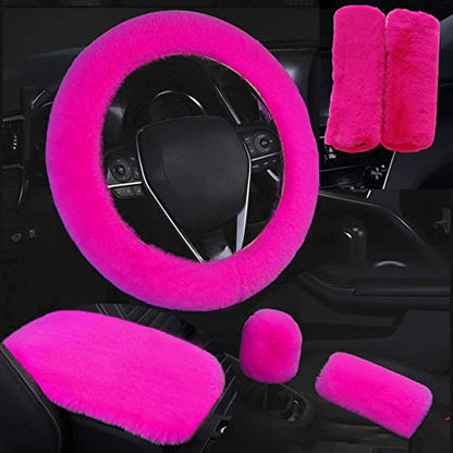 6pcs in 1 Set Soft Fluffy Car Steering Wheel Cover Faux Wool Auto Center Armrest Cove & Gear Shift Cover & Handbrake Cover & 2pcs Seat Belt Shoulder Pads Warm Winter Universal Fit for 15 Inch - color: Rose red