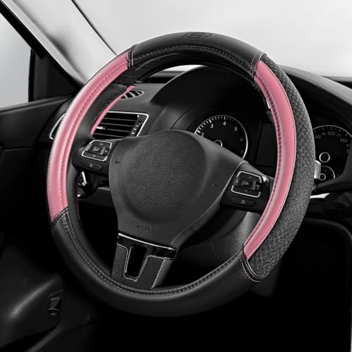 Skechers Air-Cooled Steering Wheel Cover,Leather Car Steering Wheel Cover Universal Fit 14" 1/2-15" Car Wheel Protector for Men Women Fit Suvs,Vans,Sedans,Car,Trucks,Pink - color: Pink