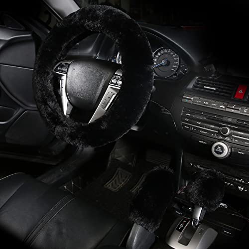 Warm Steering Wheel Cover with Handbrake Cover & Gear Shift Cover, Soft Fazzy Steering Wheel Wrap Faux Wool Fluffy for Winter 3 Pcs1 Set Fit Most of Car(Black) - color: black
