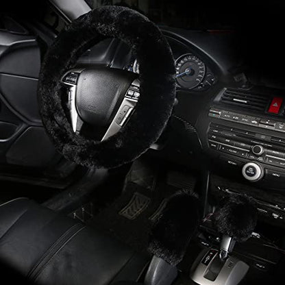 Warm Steering Wheel Cover with Handbrake Cover & Gear Shift Cover, Soft Fazzy Steering Wheel Wrap Faux Wool Fluffy for Winter 3 Pcs1 Set Fit Most of Car(Black) - color: black