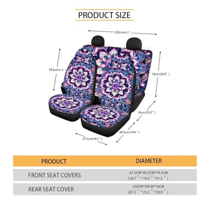 Mandala Car Seat Covers Full Set of 4 Pcs,Hippie Lotus Car Accessories Set Boho Hippie Floral Print Vehicle Bucket Sea Pad Breathable Split Bench Seat Pads for Women Girly - color: Mandala