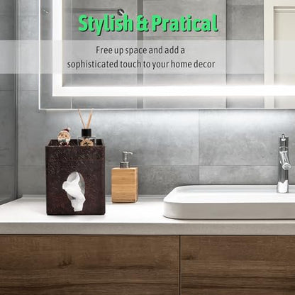 Tissue Box Cover, PU Leather Square Tissue Box Holder with Upper Storage Tray for Bathroom/Countertop/Nightstand/Office Table - Antique