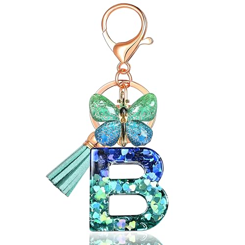 JINGUAZI Initial letter Keychains for Women Tassel Butterfly Pink Purple Cute Car Keychain for Wallet Backpack bag charm - color: B-blue Green