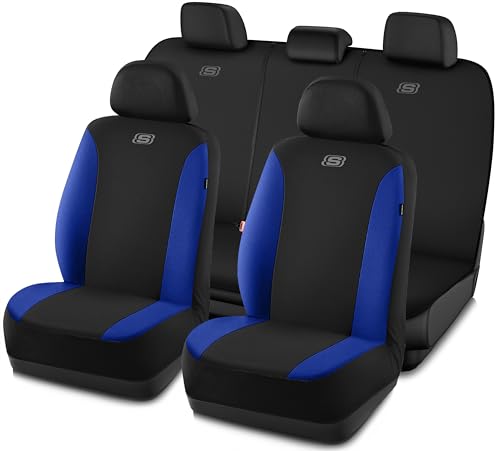 Skechers Seat Covers, Premium Breathable Polyester Car Seat Covers, Car Seat Covers Full Set Airbag Compatible, Automotive Comfort for Most Cars, Vans, Trucks, SUVs (Full Set,Blue) - color: Black and Blue, size: Full Set