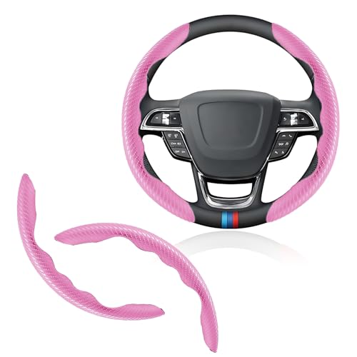 Universal Fit Carbon Fiber Steering Wheel Cover, Segmented Steering Wheel Protector, Carbon Fiber Anti-Skid Steering Wheel Cover Car Interior Accessories (2 Pcs Pink) - color: pink