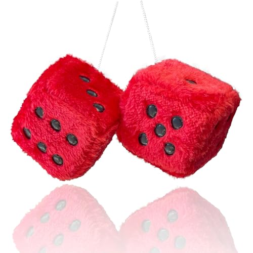 Fuzzy Plush Dice for Car Mirror, Pair of Retro 3” Red Dice with Black Dots for Car Interior Hanging Ornament Decoration - color: Red