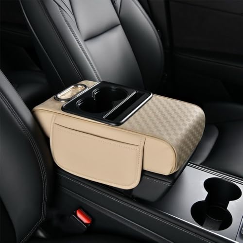 5 in 1 Car Center Console Cover, Car Armrest Cover with Cup Holder, Storage Pockets, Tissue Box Slot, Phone Holder, Car Interior Accessories (Beige) - color: Beige