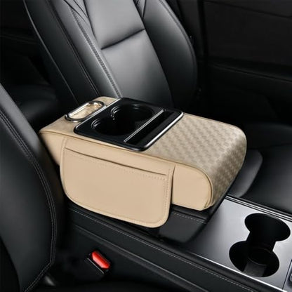 5 in 1 Car Center Console Cover, Car Armrest Cover with Cup Holder, Storage Pockets, Tissue Box Slot, Phone Holder, Car Interior Accessories (Beige) - color: Beige