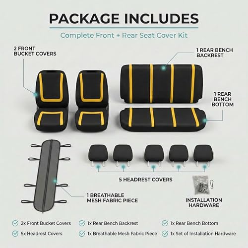 FH Group Car Seat Covers Unique Flat Cloth Full Set Automotive Seat Covers Front Set and Rear Solid Bench Yellow Black Seat Covers w. Gift Universal Fit Interior Accessories for Cars Trucks and SUVs - color: Yellow