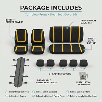 FH Group Car Seat Covers Unique Flat Cloth Full Set Automotive Seat Covers Front Set and Rear Solid Bench Yellow Black Seat Covers w. Gift Universal Fit Interior Accessories for Cars Trucks and SUVs - color: Yellow