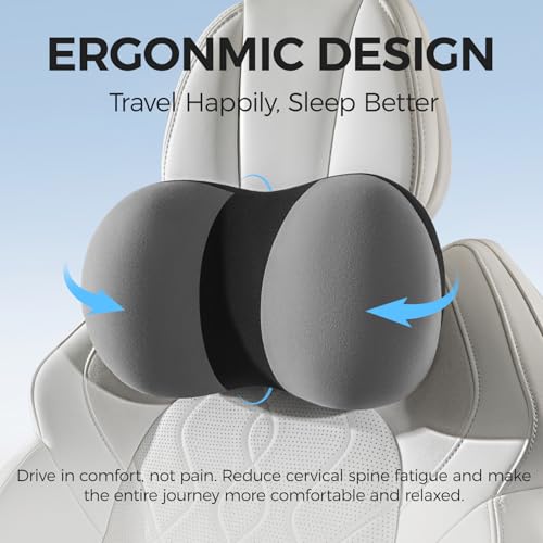 BABUR Car Headrest Pillow, 100% Memory Foam Softness Neck Support Pillow, Universal Fit Head Rest Travel Pillow for Pain Relief While Driving, Gray - color: Black Gray