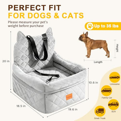 Dog Booster Car Seats for S/M Dogs Up to 35lbs,Pet Car Seat/Travel Bed with Washable&Removable Cover,Storage Pockets,Dog Safety Belt and Elevated Cushion Fits in Front/Back Seat - color: Grey