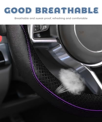 Steering Wheel Cover,Car Accessories 14.5-15 Inch Leather Steering Wheel Cover,Anti-Slip Breathable Microfiber Leather Covers,Warm in Winter and Cool in Summer,Fit for Suvs (Black-Purple) - color: Black&Purple
