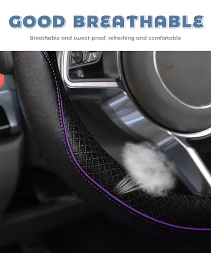 Steering Wheel Cover,Car Accessories 14.5-15 Inch Leather Steering Wheel Cover,Anti-Slip Breathable Microfiber Leather Covers,Warm in Winter and Cool in Summer,Fit for Suvs (Black-Purple) - color: Black&Purple