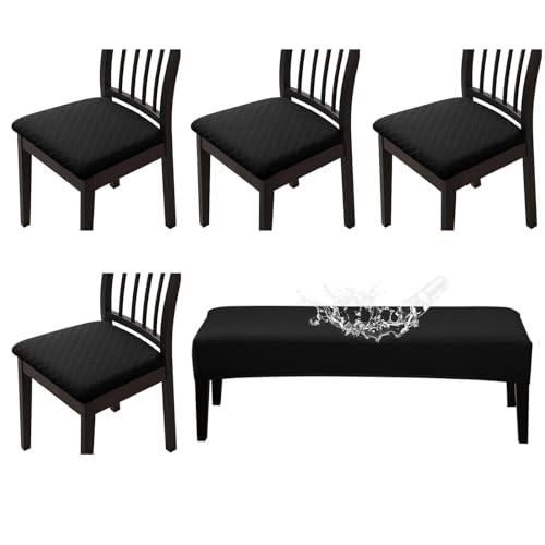 CALBODE Waterproof Seat Covers Set of 4 with Stretch Bench Slipcover, Removable Dining Chair Cushion Slipcover for Home, Restaurant, Banquet,Washable Kitchen Chair Seat Cushion Protector(Black, 5PCS) - color: A03black, size: 5 PCS-TPU Waterproof