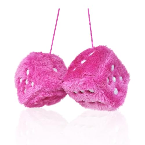Fuzzy Plush Dice for Car Mirror, Pair of 3” Pink Dice with White Dots Soft Retro Plush Car Interior Accessories for Car Rearview Mirror Hanging Decoration(Rose red)