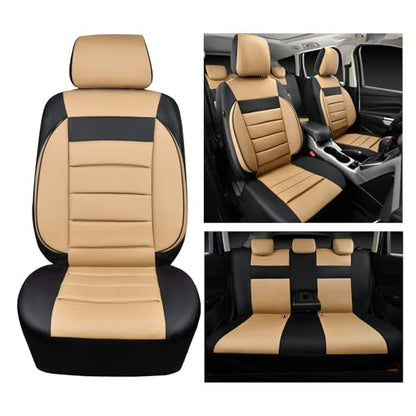 CAR PASS Leather Seat Covers Full Set Universal Water Resistant 3D Foam Back Support, Luxury Comfort Automotive 5 Seat Covers All Season Fit for SUV,Sedan,Van, Airbag Compatible Elegance(Beige Black) - color: Black and Beige