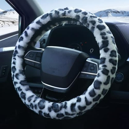 ZHOL Plush Leopard Cheetah Steering Wheel Cover, 15 Inch Universal Fit, Soft Warm Winter Cover with Non-Slip Grip, Heat & Cold Protection Easy Install Fuzzy Cover for Car SUV Truck (Black White) - color: Cheetah White