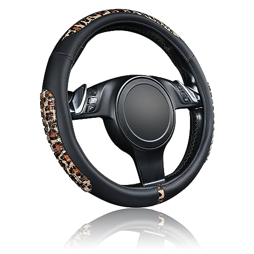 Flying Banner car Steering Wheel Cover Gel Massage Velvet Cool Warm Universal Size 15 inches SUV Truck Anti Slip Odorless Summer Winter (Black Brown Leopard Print, Gel Massage) - color: Black Brown Leopard Print