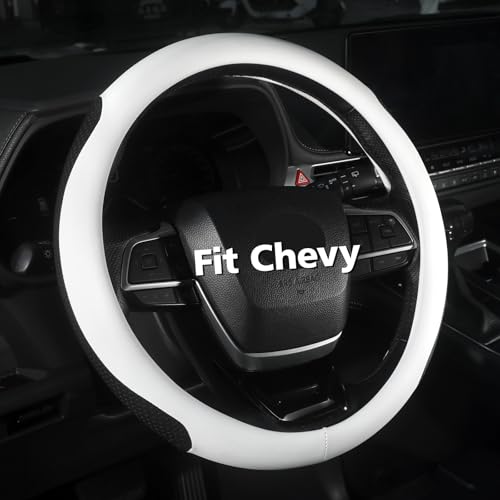 Customized Auto Steering Wheel Cover for Chevy 14.5-15 inches, Car Steering Wheel Cover for Chevrolet, Black and White - color: White-2