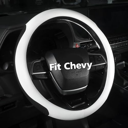 Customized Auto Steering Wheel Cover for Chevy 14.5-15 inches, Car Steering Wheel Cover for Chevrolet, Black and White - color: White-2